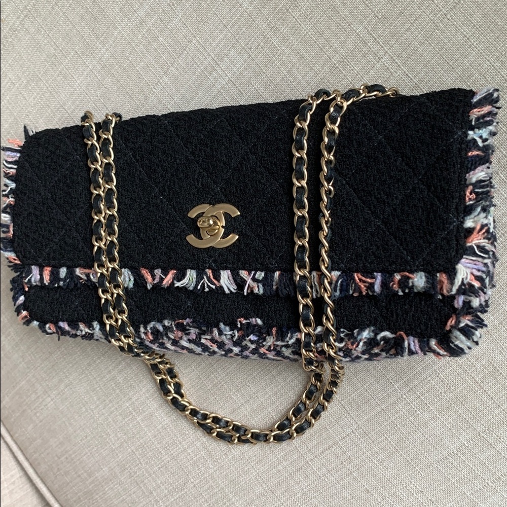 CHANEL East West RARE Black Pink Blue Green Purple Tweed Fringe Quilted Bag Gold